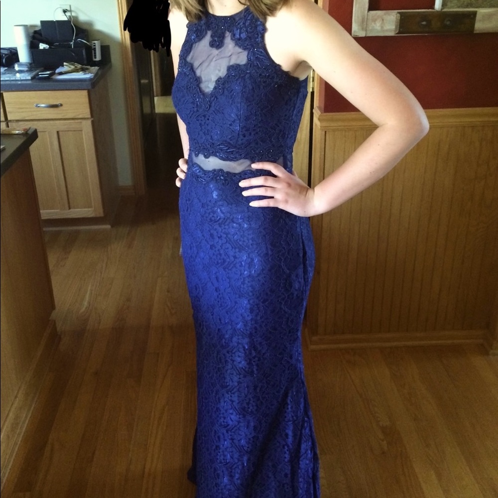 PromGirl Navy Blue Lace Mermaid Dress with Mesh Paneling
